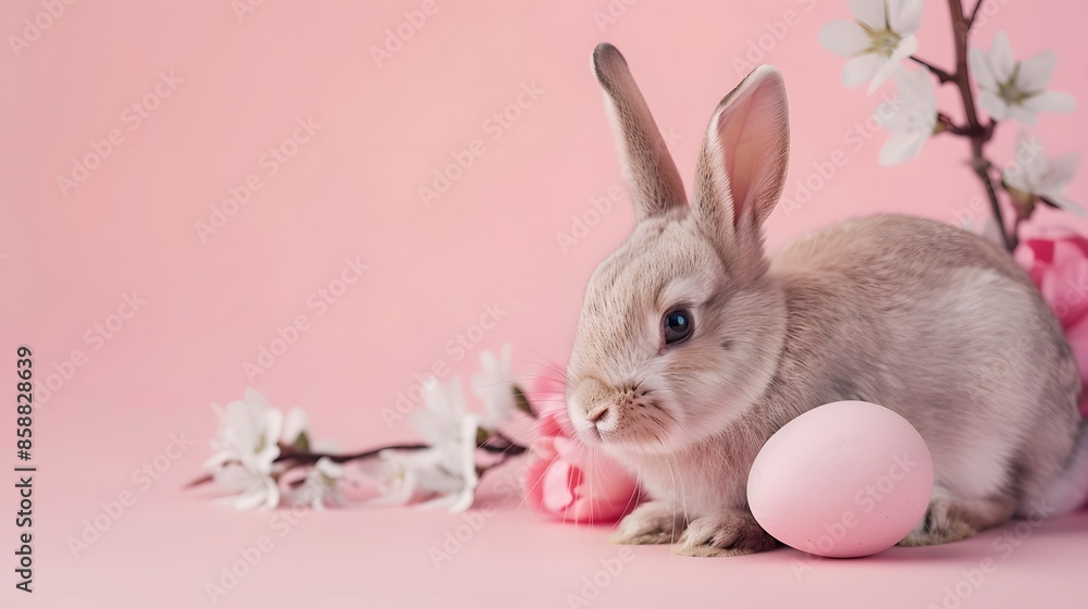 Fototapeta premium Easter bunny rabbit with pink painted egg on pink background. Easter holiday concept. 