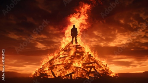Scene of a large bonfire with an effigy of Guy Fawkes on top, the flames crackling and rising high, capturing the thrill and historical commemoration of Bonfire Night photo
