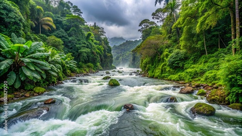 Turbulent whitewater rapids of savegre river cascade through lush tropical rainforest in cordillera de talamanca, costa rica, surrounded by dense green foliage and misty atmosphere.,hd, 8k. photo
