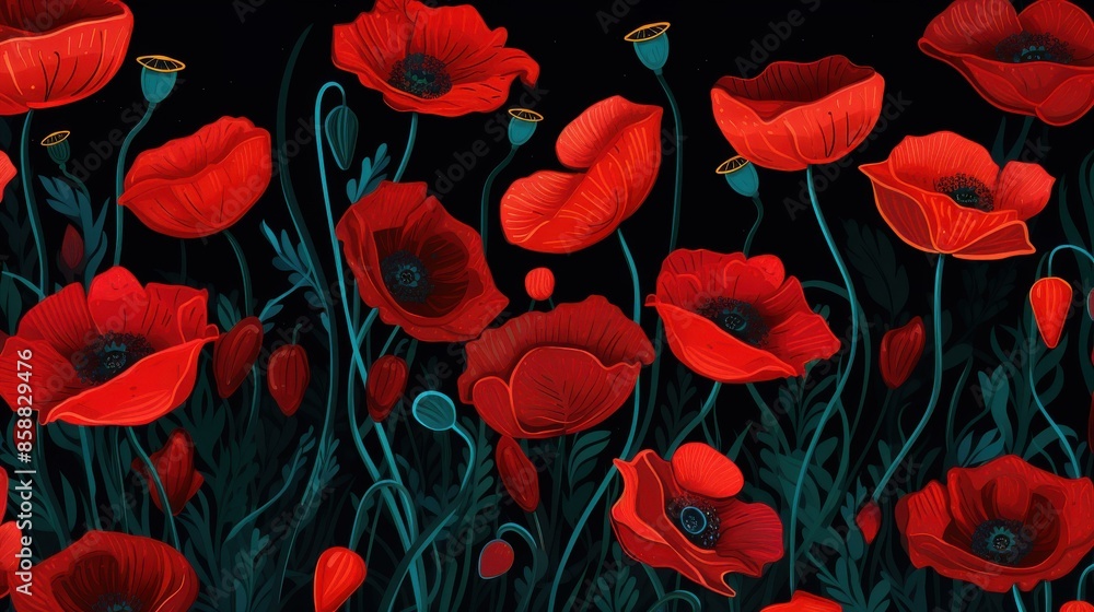 Anzac Day tribute with bright red poppies on a field background. Anzac Day tribute with bright red poppies on a field background.