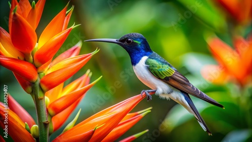 Vibrant female white-necked jacobin hummingbird sips nectar from bright orange heliconia flowers in lush tropical rainforest of costa rica.,hd, 8k. photo