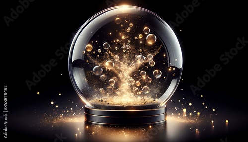Wallpaper Mural A glass snow globe filled with golden bubbles and particles. The globe is on a black stand and the background is black with golden sparkles. Torontodigital.ca