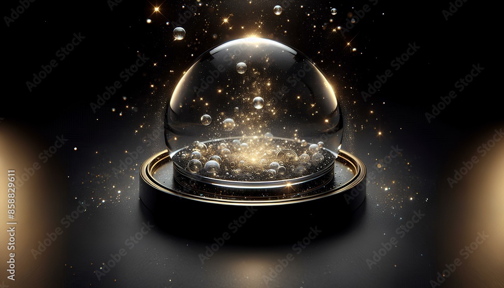 A glass snow globe filled with golden bubbles and particles. The globe is on a black stand and the background is black with golden sparkles. A glass snow globe filled with golden bubbles and particles. The globe is on a black stand and the background is black with golden sparkles.
