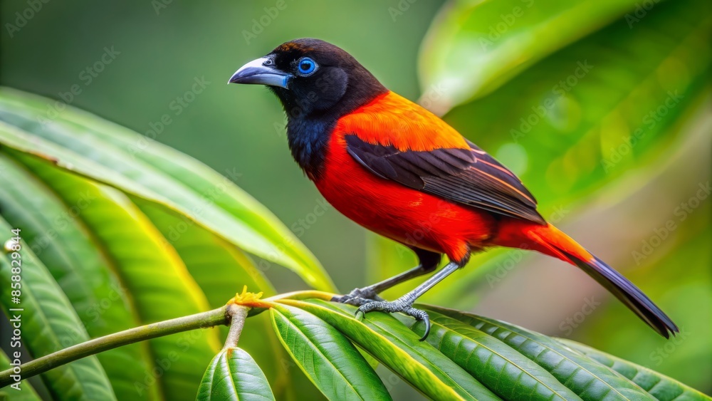 Fototapeta premium Vibrant male scarlet-rumped tanager bird, with bright orange plumage, perches on a lush green limb, surrounded by exotic tropical foliage in costa rica.,hd, 8k.