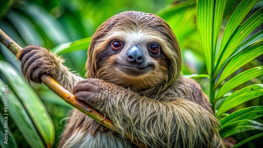 Fototapeta premium Close-up of a tranquil three-toed sloth with soft fur and claws curled around a branch amidst lush green foliage in a humid rainforest in costa rica.,hd, 8k.