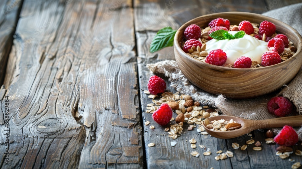 Homemade healthy breakfast with muesli yogurt raspberries and nuts on a rustic wooden table Homemade healthy breakfast with muesli yogurt raspberries and nuts on a rustic wooden table