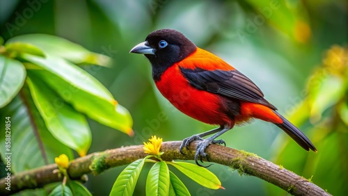 Vibrant male scarlet-rumped tanager bird, with bright orange plumage, perches on a lush green limb, surrounded by exotic tropical foliage in costa rica.,hd, 8k.