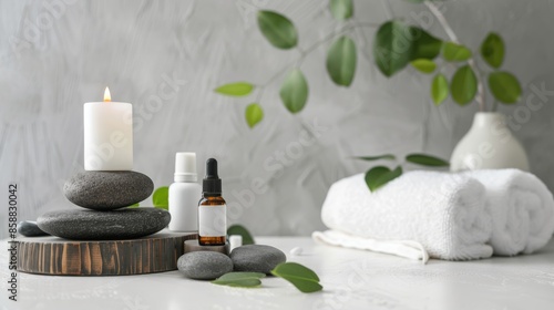 Tranquil Spa Scene: furnishing spa with towel, stones and oil on gray fuzzy background