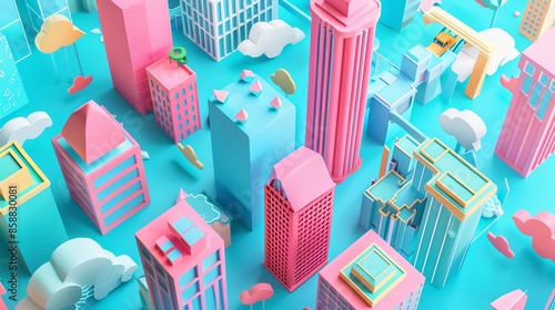 superhero rescue flat design, top view, modern city theme, 3D render, colored pastel