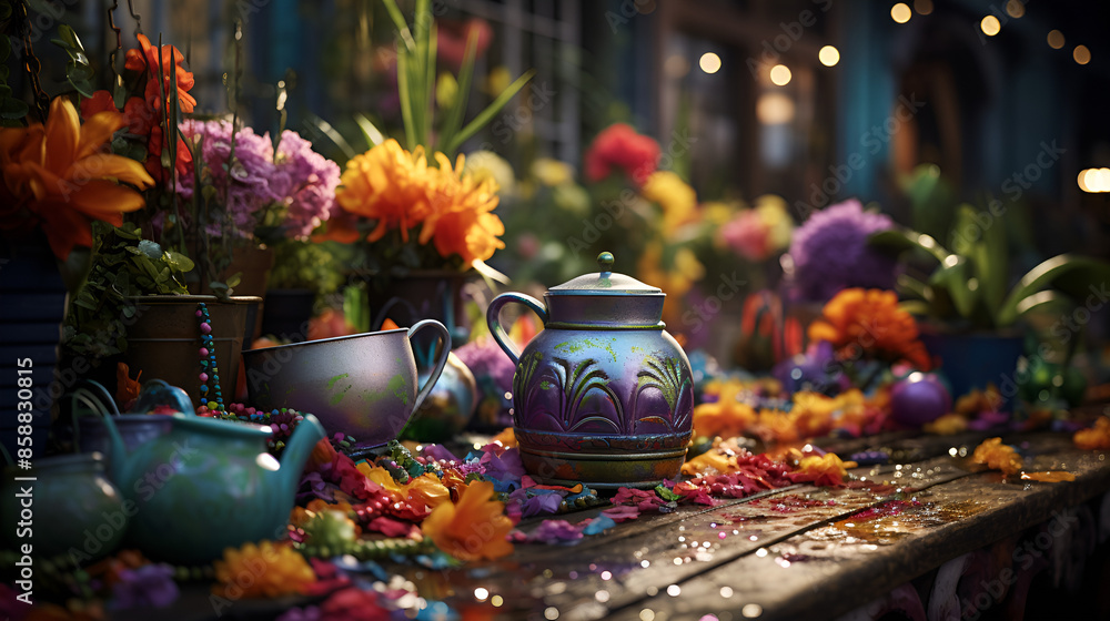 Various colorful vases and pots displayed on a table. Various colorful vases and pots displayed on a table.