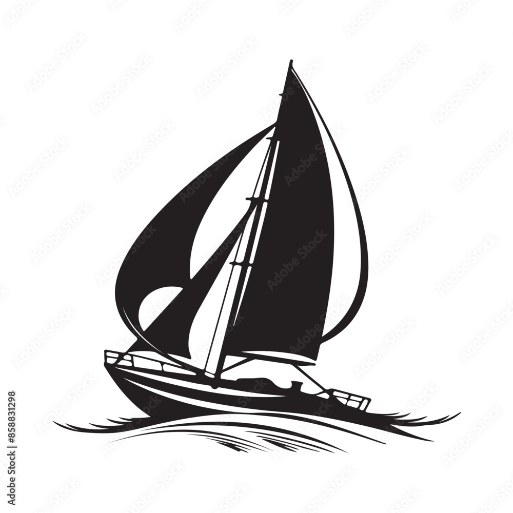 Boat for Sailing, Fisherman Sailboat in Ocean Sea Wave Silhouette logo design isolated on white Boat for Sailing, Fisherman Sailboat in Ocean Sea Wave Silhouette logo design isolated on white