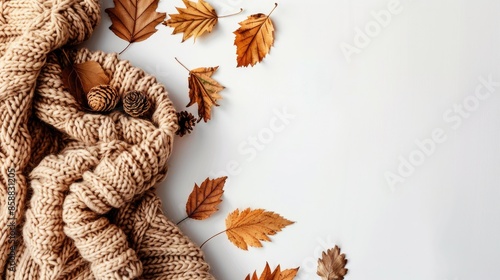 Fototapeta Naklejka Na Ścianę i Meble -  Autumn themed creative design with dry leaves and brown knit blanket on white backdrop Signifying fall season with flat lay layout and space for text
