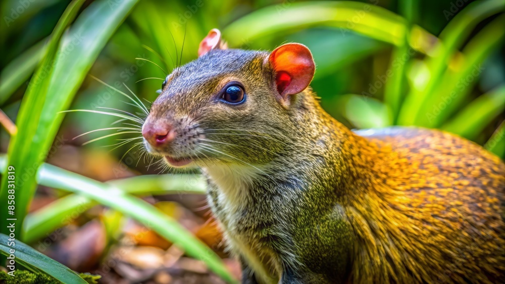 Vibrant close-up portrait of an agouti, a small rodent with brown fur and white underside, set against lush green foliage in costa rica's tuis valley.,hd, 8k. Vibrant close-up portrait of an agouti, a small rodent with brown fur and white underside, set against lush green foliage in costa rica's tuis valley.,hd, 8k.