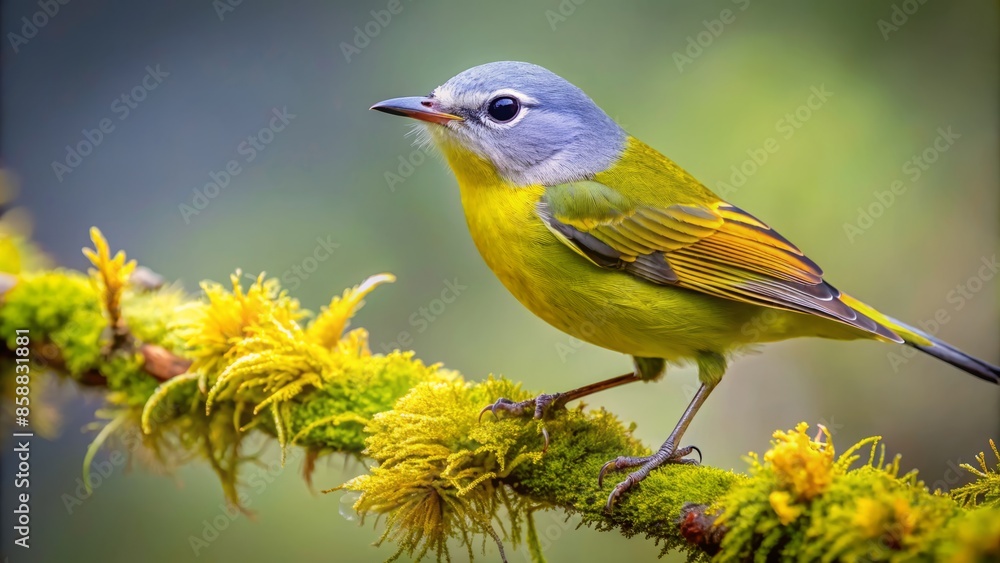 Obraz premium Vibrant tennessee warbler perched on a moss-covered branch in the misty cloud forests of cordillera de talamanca, costa rica, showcasing its striking plumage.,hd, 8k.