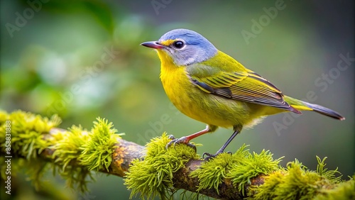 Vibrant tennessee warbler perched on a moss-covered branch in the misty cloud forests of cordillera de talamanca, costa rica, showcasing its striking plumage.,hd, 8k. photo
