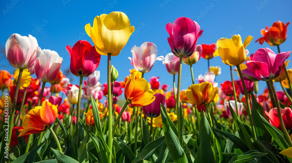 Vibrant Tulip Field Under Clear Blue Sky Vibrant Tulip Field Under Clear Blue Sky