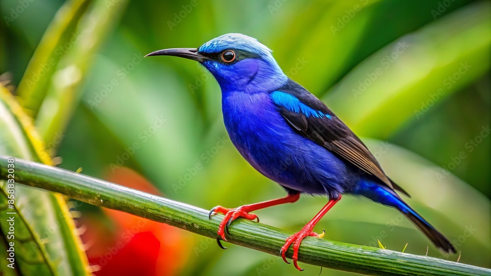 Vibrant male red-legged honeycreeper perches on stem amidst lush green foliage in a sun-drenched rainforest, showcasing costa rica's exquisite avifauna.,hd, 8k. Vibrant male red-legged honeycreeper perches on stem amidst lush green foliage in a sun-drenched rainforest, showcasing costa rica's exquisite avifauna.,hd, 8k.