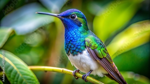 Vibrant female white-necked jacobin hummingbird showcases iridescent blues and greens in a stunning close-up shot amidst lush, tropical foliage in tuis valley, costa rica.,hd, 8k.