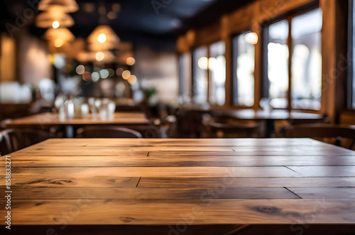 photo wooden table and blurred background of indoor restaurant High quality photo