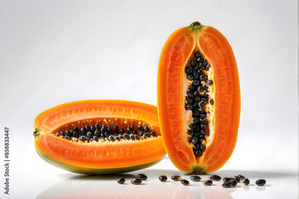 Ripe papaya fruit cut in half isolated on white background
Ripe papaya fruit cut in half isolated on white background