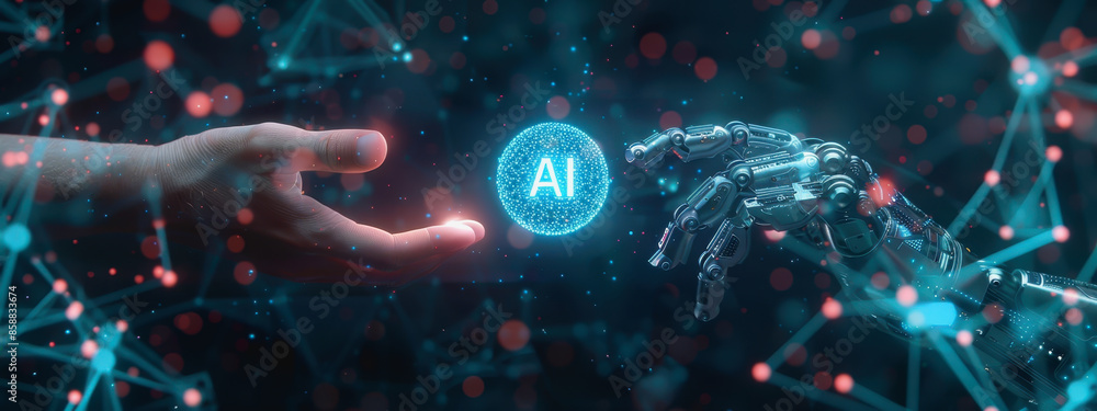 human hand and robotic hand reaching, with a glowing AI icon by futuristic digital hologram. human hand and robotic hand reaching, with a glowing AI icon by futuristic digital hologram.