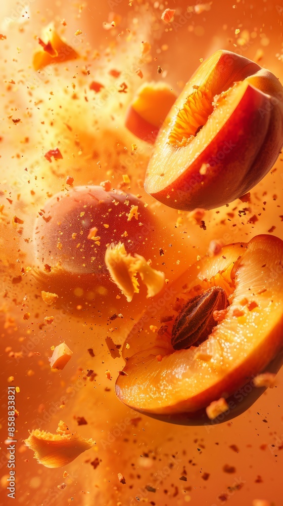 Dynamic fruit explosion: vivid peach slices on a fuzzy background Dynamic fruit explosion: vivid peach slices on a fuzzy background