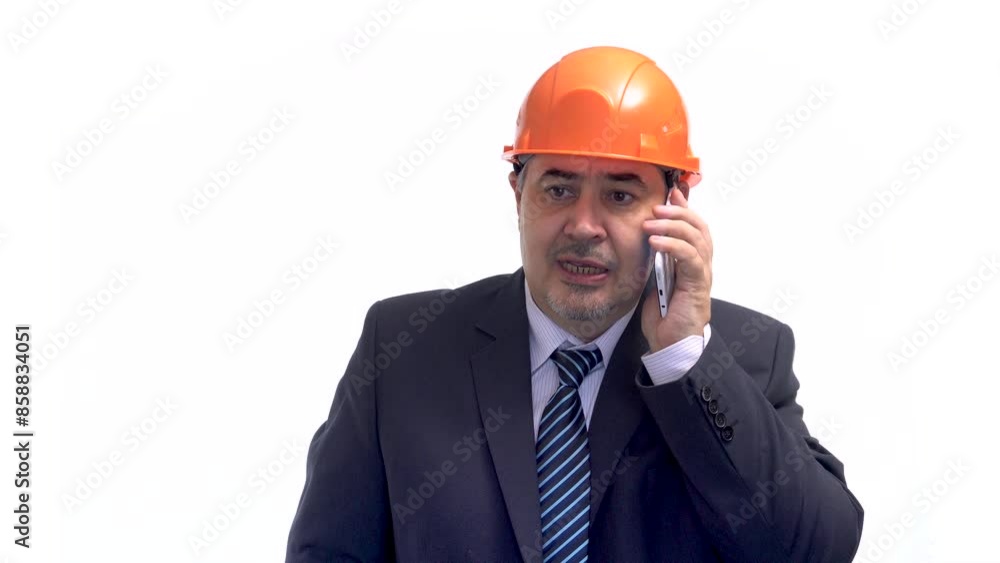 A man in a suit and a construction helmet is having a tense conversation on the phone. He frowns and gestures. The manager inspects the facility and reports to his subordinates. White background.
A man in a suit and a construction helmet is having a tense conversation on the phone. He frowns and gestures. The manager inspects the facility and reports to his subordinates. White background.