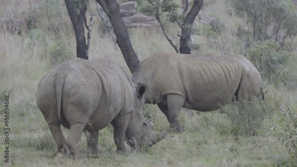 2 Black Rhinos Grazing on Brush on a Cloudy South African Day 2 Black Rhinos Grazing on Brush on a Cloudy South African Day