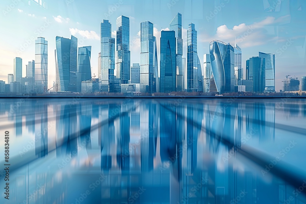 Modern city skyline with skyscrappers and reflection created with Generative AI Modern city skyline with skyscrappers and reflection created with Generative AI
