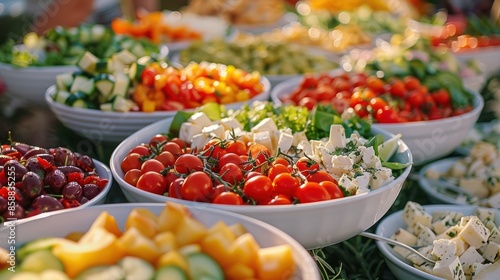 Cultural Cuisine Picnic: Colorful Homemade Salads including Greek, Caprese, and Potato © hisilly