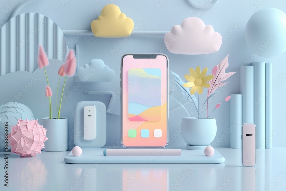Minimalist 3D render of pastel mobile app marketing, modern and sleek design Minimalist 3D render of pastel mobile app marketing, modern and sleek design