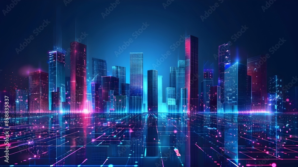 Vibrant Skyline of Futuristic Illuminated Metropolis with Neon Lights and Digital Networks Vibrant Skyline of Futuristic Illuminated Metropolis with Neon Lights and Digital Networks