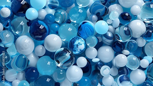 Abstract background with blue and white marbles.  A close-up image of  glowing spheres, perfect for backgrounds, textures, and more. photo
