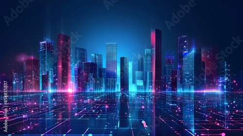 Vibrant Skyline of Futuristic Illuminated Metropolis with Neon Lights and Digital Networks © pkproject