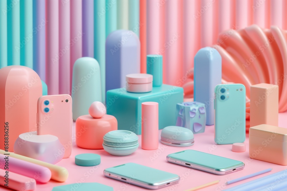 3D render of pastel mobile marketing tools, minimalist design. 3D render of pastel mobile marketing tools, minimalist design.