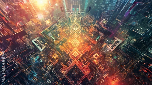 Abstract futuristic cityscape with glowing circuit-like connections and vibrant colors, representing advanced technology and digital networks.