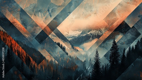 Abstract geometric landscape featuring mountains and forests under atmospheric skies. Artistic overlay blends nature with modern design. photo