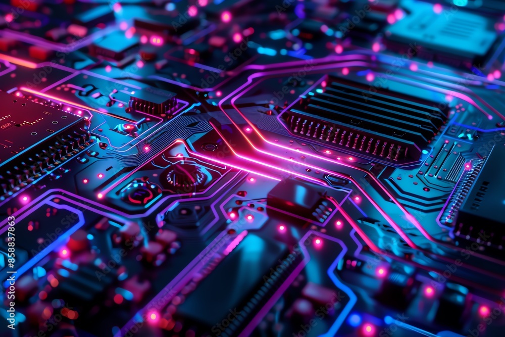 Close-up of a futuristic circuit board with glowing neon lights, representing advanced technology and electronic components. Close-up of a futuristic circuit board with glowing neon lights, representing advanced technology and electronic components.