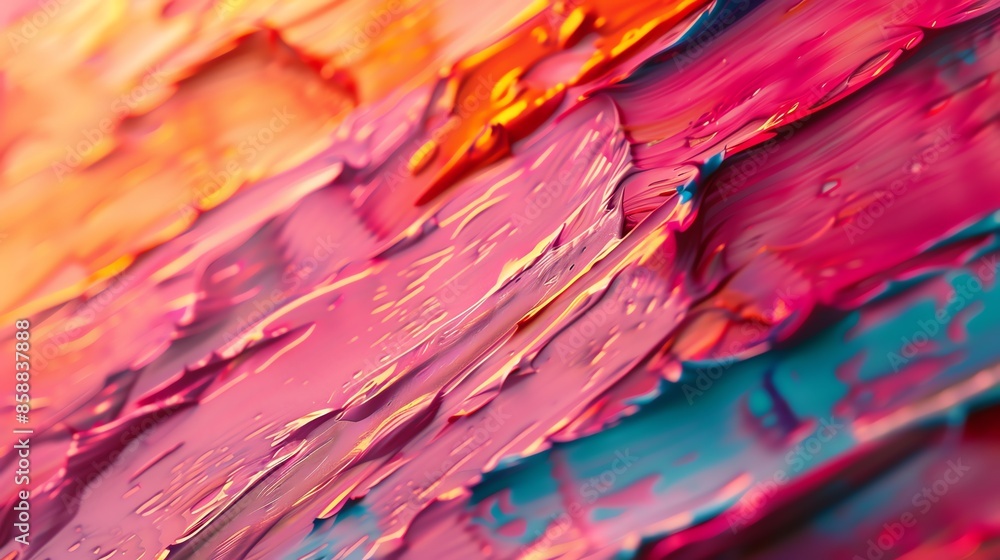 Close-up of abstract colorful paint strokes on canvas with vibrant textures and dynamic gradients in red, yellow, and pink shades. Close-up of abstract colorful paint strokes on canvas with vibrant textures and dynamic gradients in red, yellow, and pink shades.