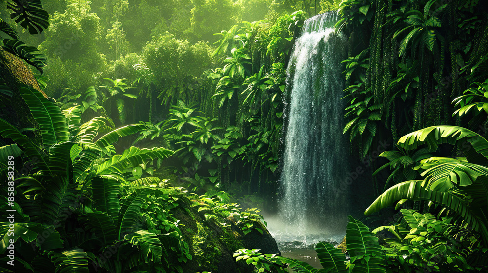 I imagine a lush jungle setting with a magnificent waterfall cascading down moss-covered rocks I imagine a lush jungle setting with a magnificent waterfall cascading down moss-covered rocks