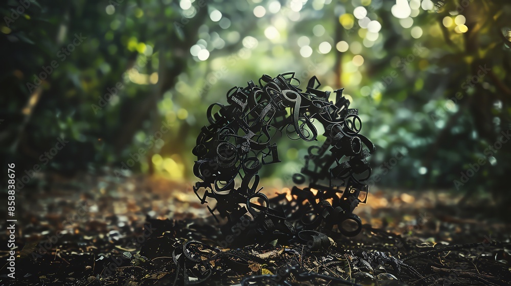 Intricate sculpture made of metal chains forming a circle, placed in a peaceful forest clearing with sunlight filtering through the trees. Intricate sculpture made of metal chains forming a circle, placed in a peaceful forest clearing with sunlight filtering through the trees.