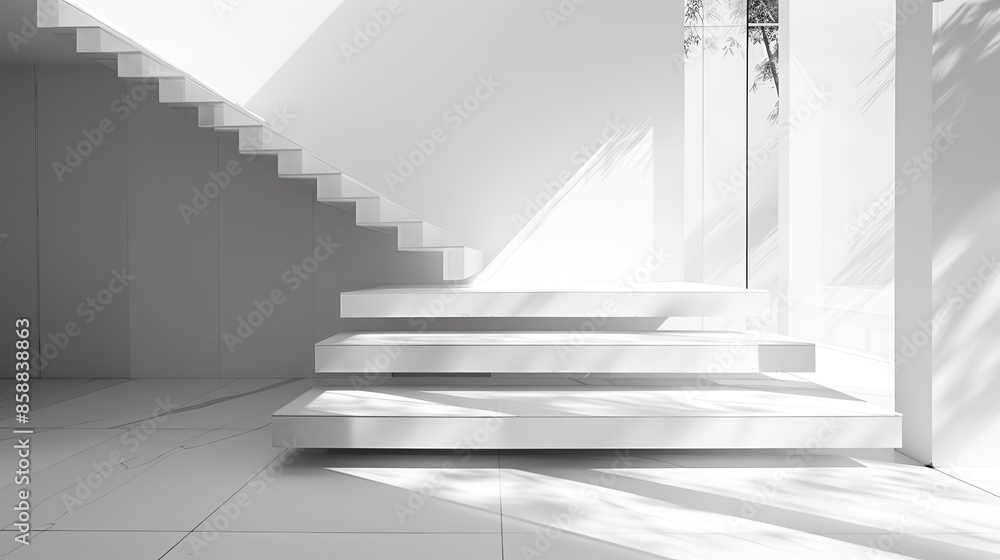 Obraz premium Modern minimalist staircase with sunlight and shadows, featuring clean lines and white walls in a contemporary architectural space.