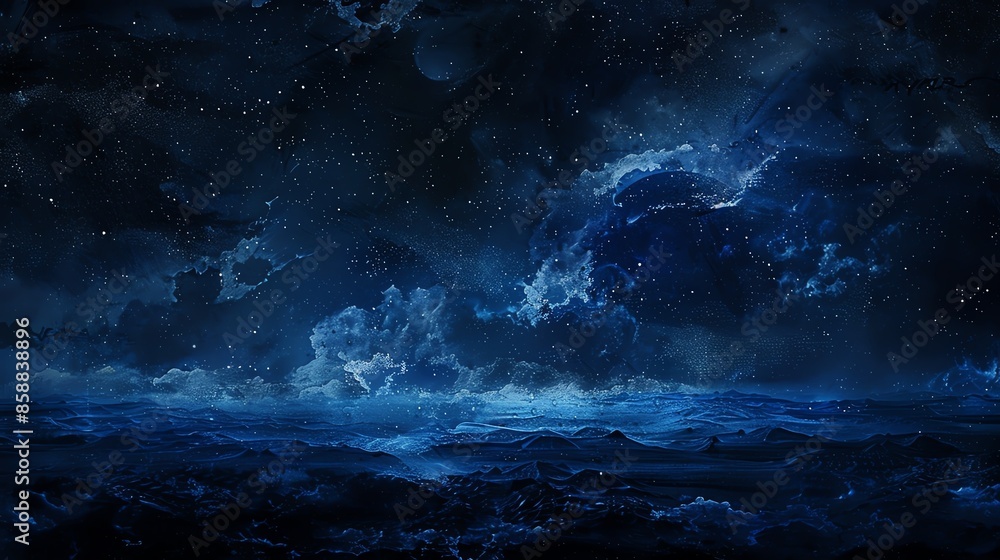 Mysterious night sky with stars and clouds over a dark ocean, creating a tranquil and enchanting atmosphere. Mysterious night sky with stars and clouds over a dark ocean, creating a tranquil and enchanting atmosphere.