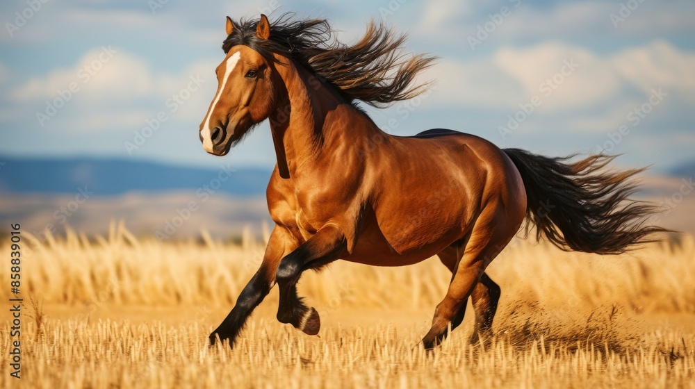 Serene image of a beautiful horse galloping freely in a lush green field. Serene image of a beautiful horse galloping freely in a lush green field.