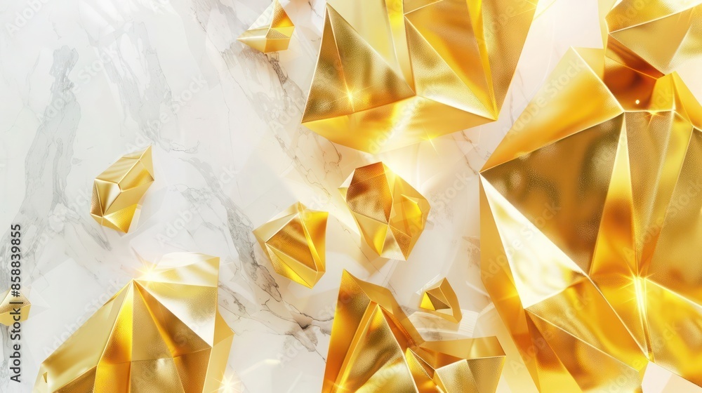 Glossy gold futuristic 3D shapes on a white marble abstract background Glossy gold futuristic 3D shapes on a white marble abstract background