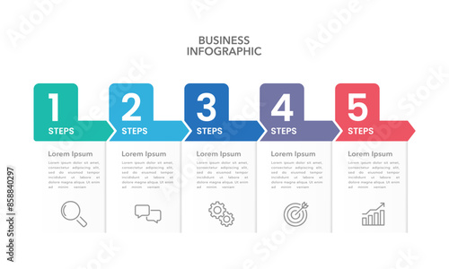5 steps or options infographic labels and arrows design template to success. Business presentation, Banner, Brochure, Report and Planning. Vector illustration.