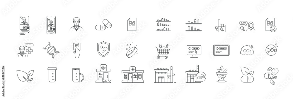 pharmacy line icone vector illustrations set sustainability technology health and medicine pharmacy line icone vector illustrations set sustainability technology health and medicine