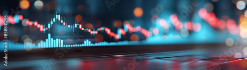 A close-up of a stock market chart on a computer screen, with a blurred background of red and blue lights The image is suggestive of the excitement and volatility of the stock market photo