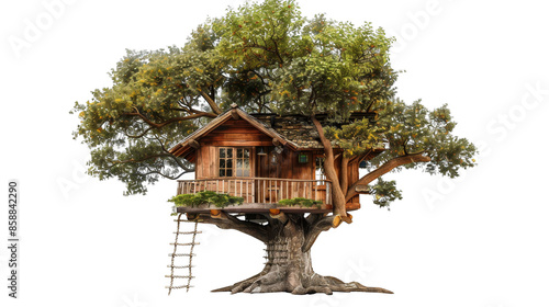 Charming wooden treehouse nestled in a large tree with lush green leaves and a rustic ladder, perfect for nature retreats and childhood adventures.