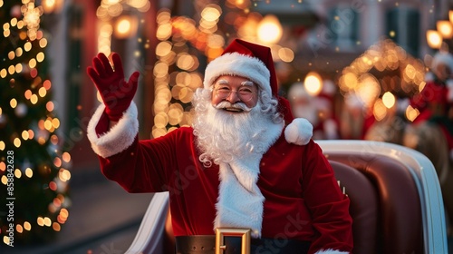 Scene of a Christmas parade with floats featuring Santa Claus, reindeer, and festive characters, crowds cheering and enjoying the holiday spectacle photo